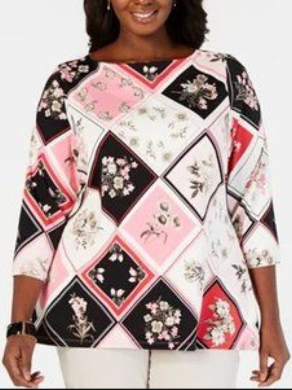 Charter Club Floral Patchwork Top Womens Plus Size 3X 3/4  Sleeve Stretch Tunic